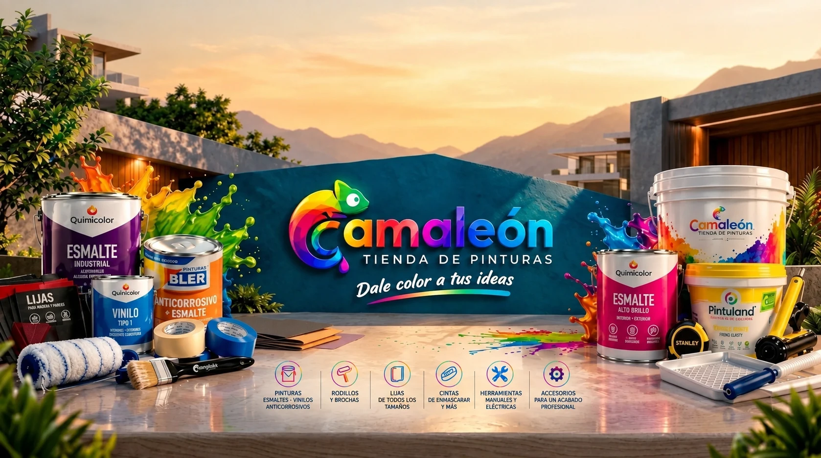 Camaleón, tienda de pinturas: dale color a tus ideas. Pinturas, esmaltes y vinilos; rodillos y brochas; lijas; cintas de enmascarar; herramientas manuales y eléctricas; accesorios para un acabado profesional.