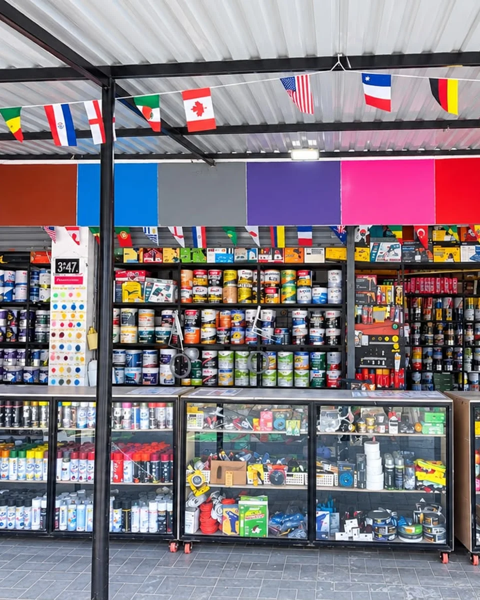 Interior de la Tienda de Pinturas Camaleón, con sus estantes de pinturas y herramientas